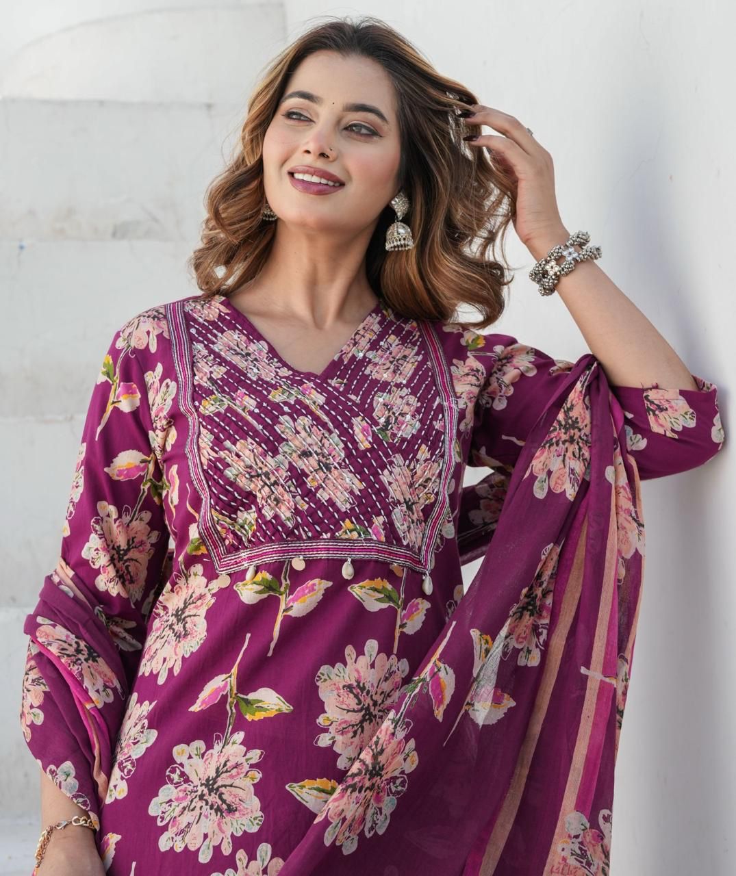 Purple Floral Cotton Kurti Set with Maroon Bottoms & Printed Dupatta.