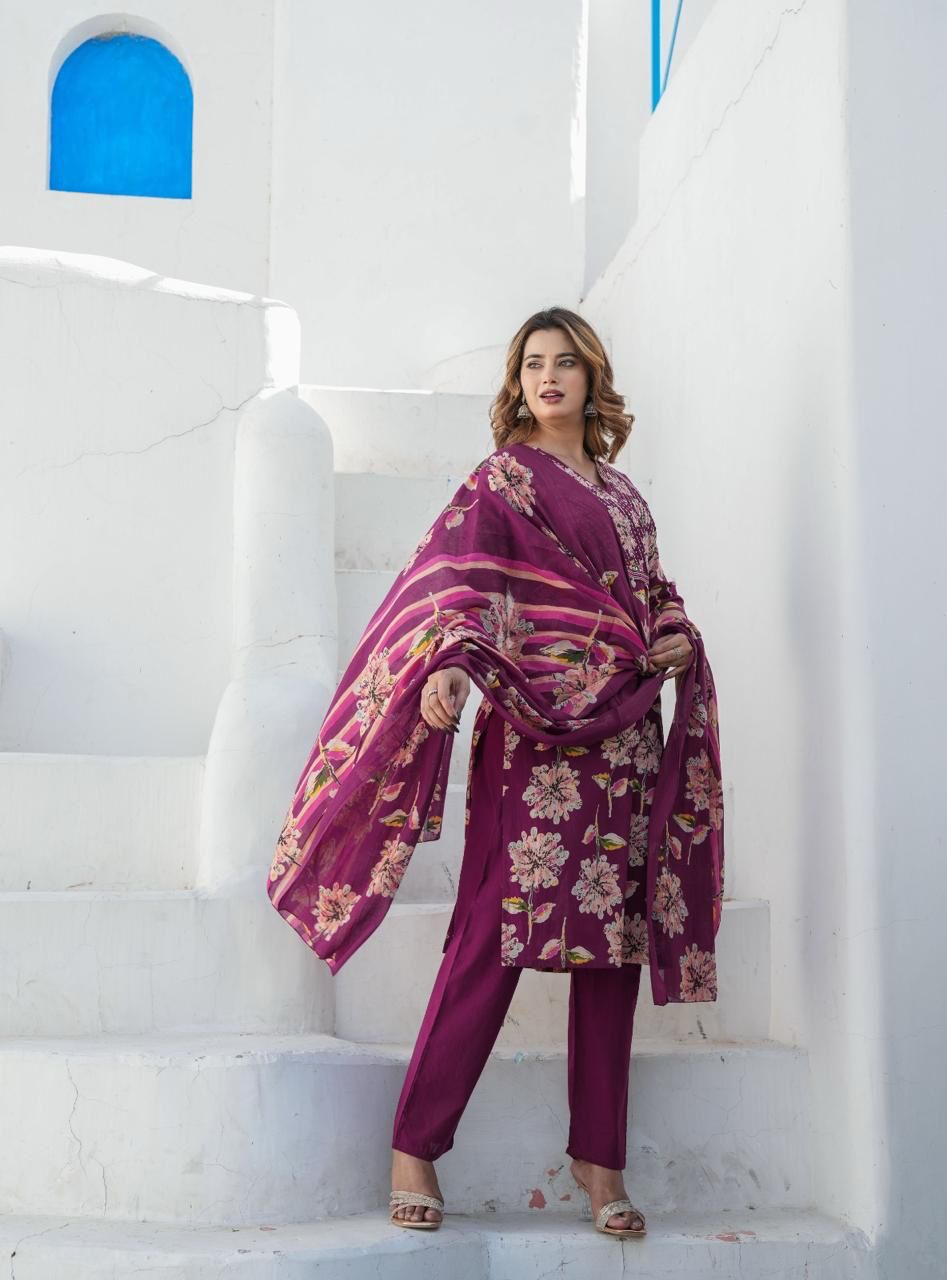 Purple Floral Cotton Kurti Set with Maroon Bottoms & Printed Dupatta.