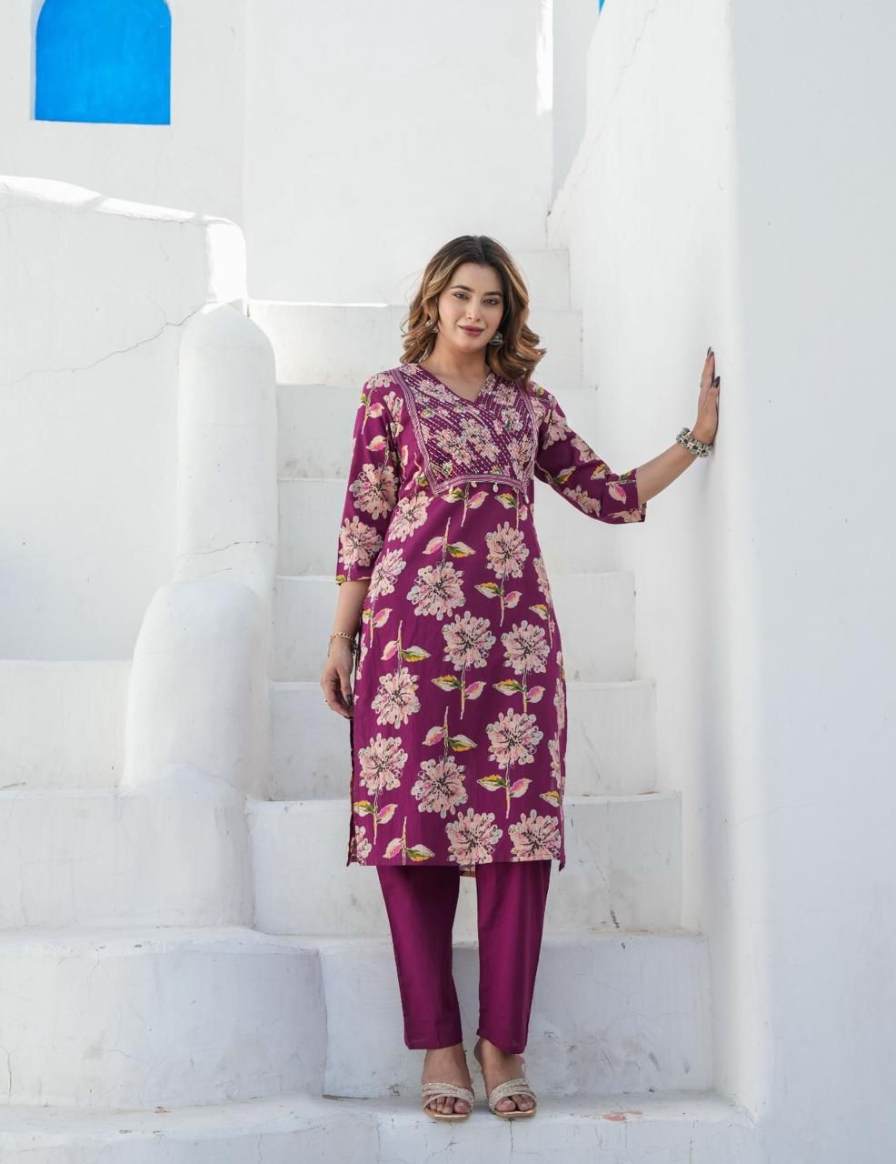 Purple Floral Cotton Kurti Set with Maroon Bottoms & Printed Dupatta.