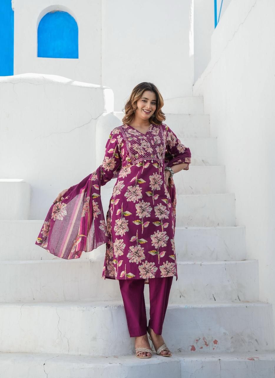 Purple Floral Cotton Kurti Set with Maroon Bottoms & Printed Dupatta.