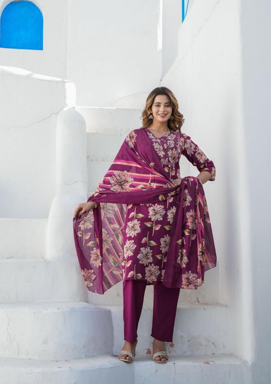 Purple Floral Cotton Kurti Set with Maroon Bottoms & Printed Dupatta.