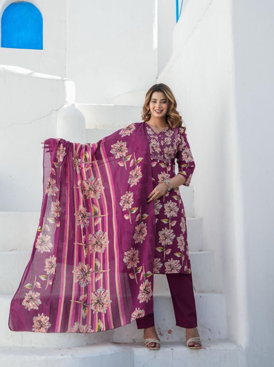 Purple Floral Cotton Kurti Set with Maroon Bottoms & Printed Dupatta.