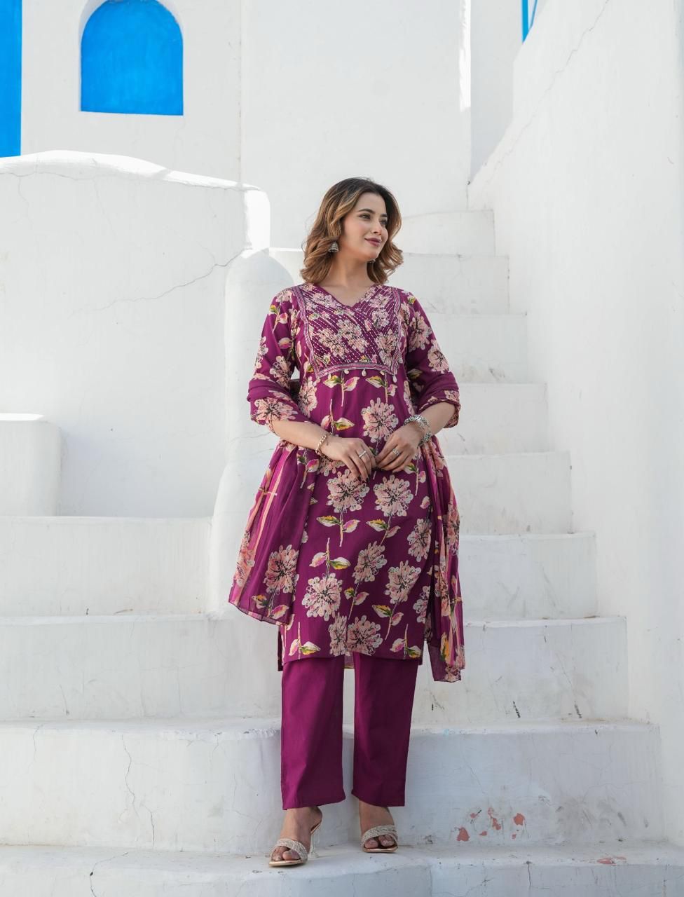 Purple Floral Cotton Kurti Set with Maroon Bottoms & Printed Dupatta.