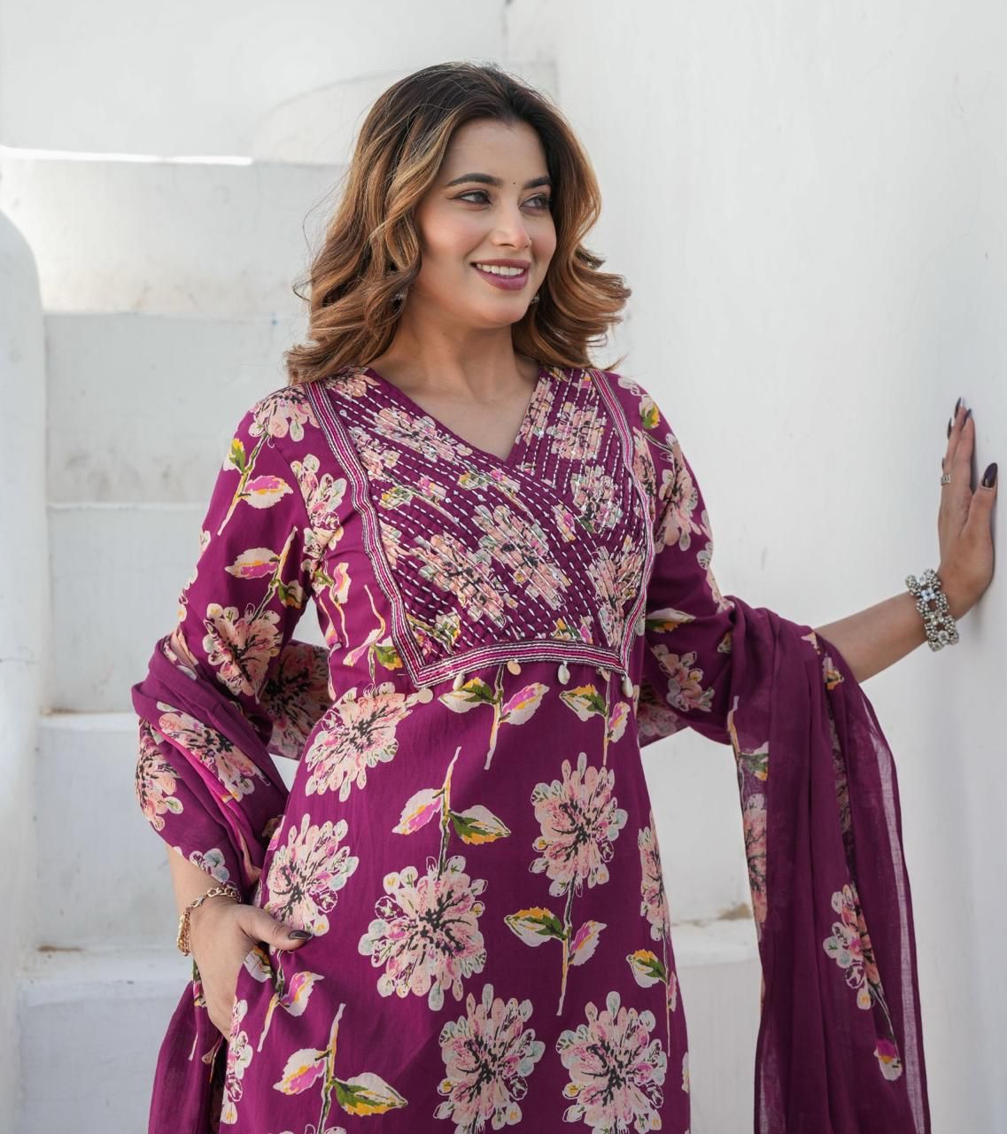Purple Floral Cotton Kurti Set with Maroon Bottoms & Printed Dupatta.