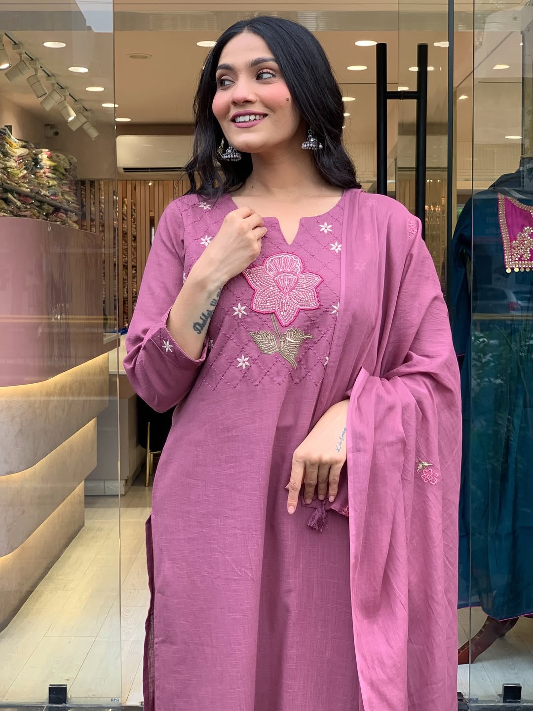 Mauve Pink Embroidered Kurti Set with Sequined Net Dupatta.