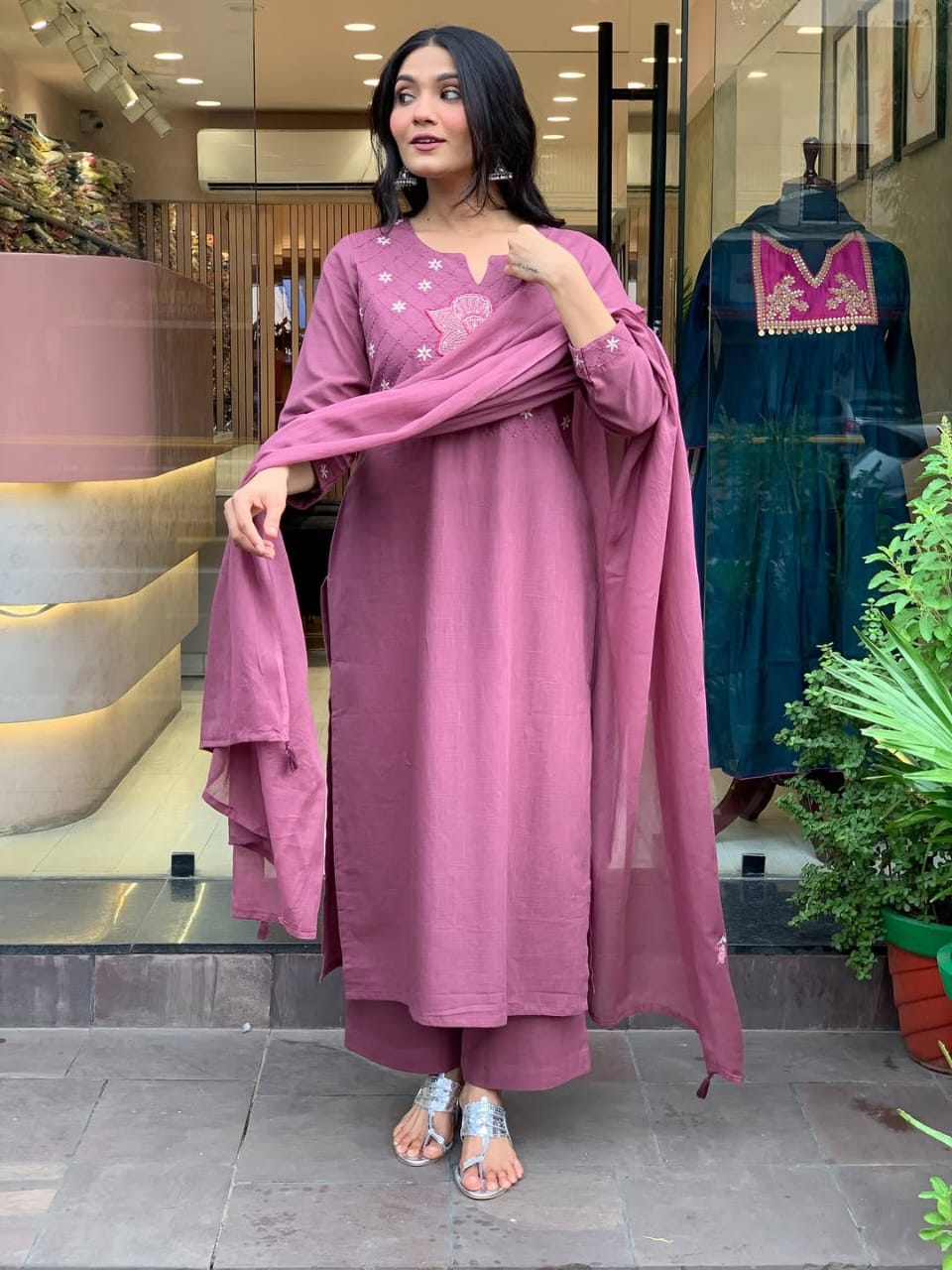 Mauve Pink Embroidered Kurti Set with Sequined Net Dupatta.