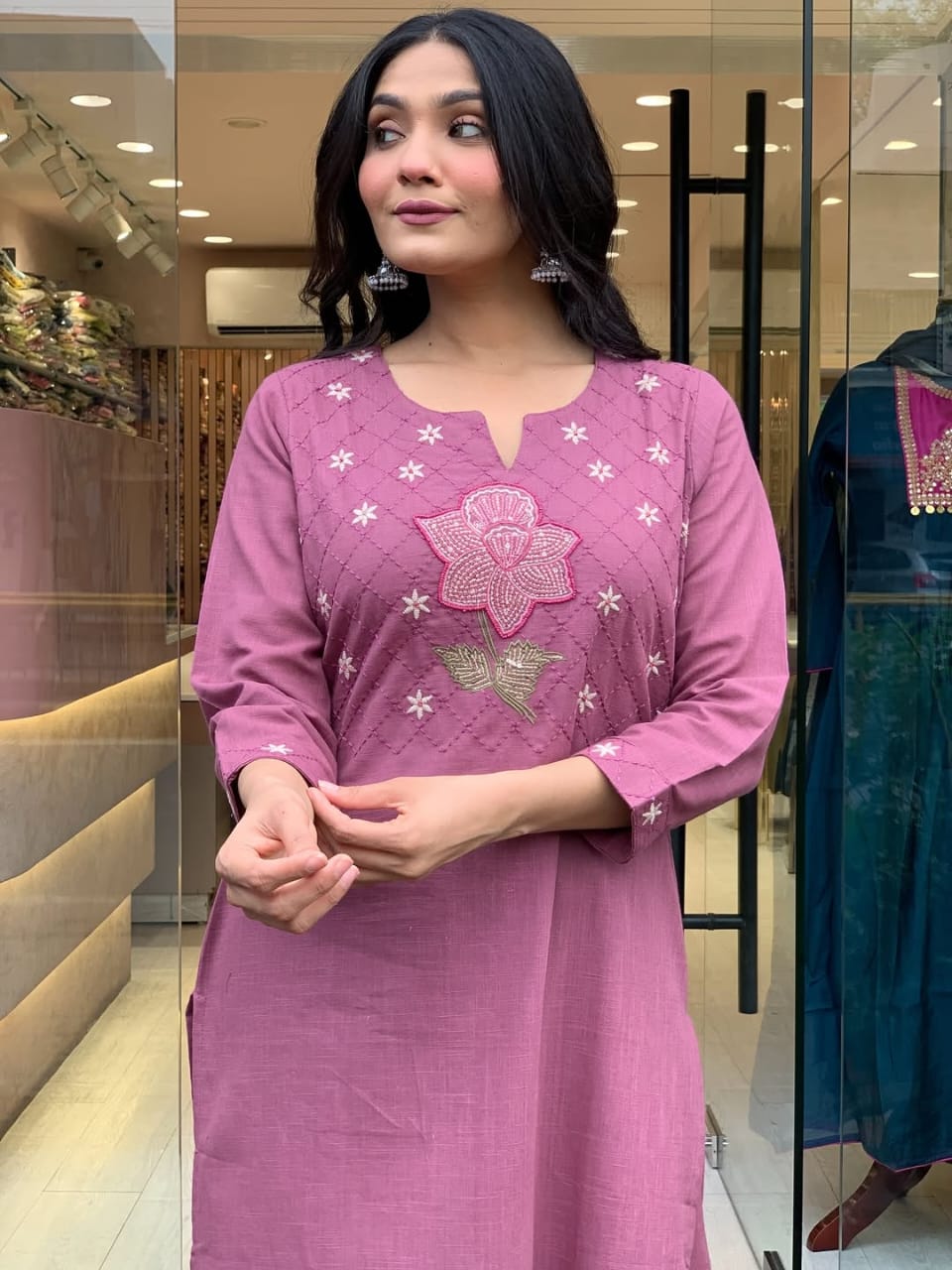 Mauve Pink Embroidered Kurti Set with Sequined Net Dupatta.