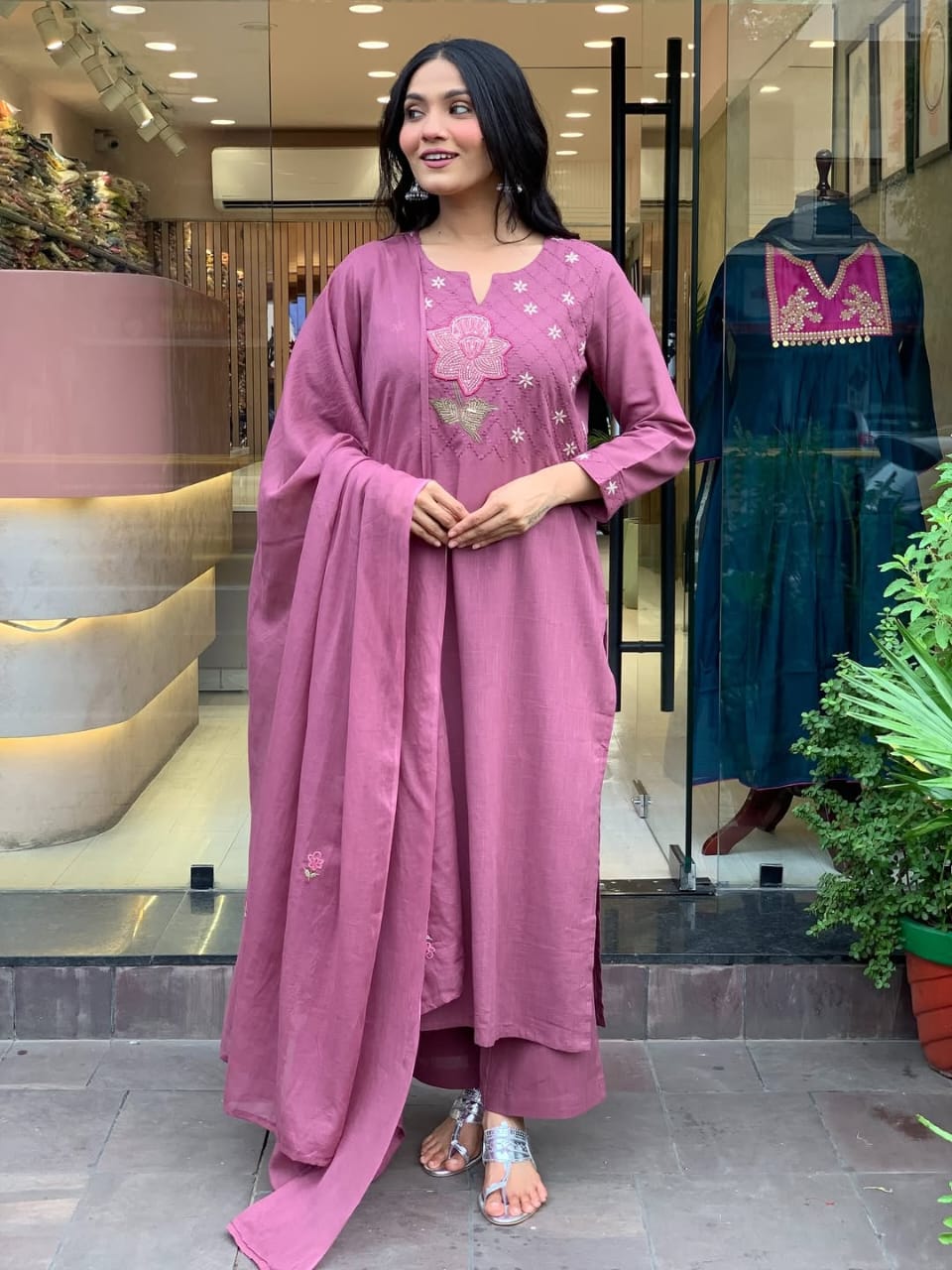 Mauve Pink Embroidered Kurti Set with Sequined Net Dupatta.