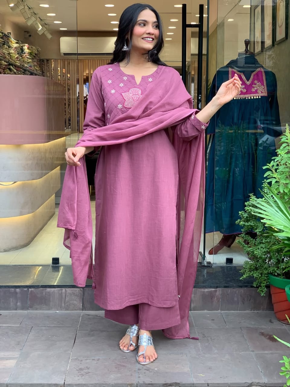 Mauve Pink Embroidered Kurti Set with Sequined Net Dupatta.