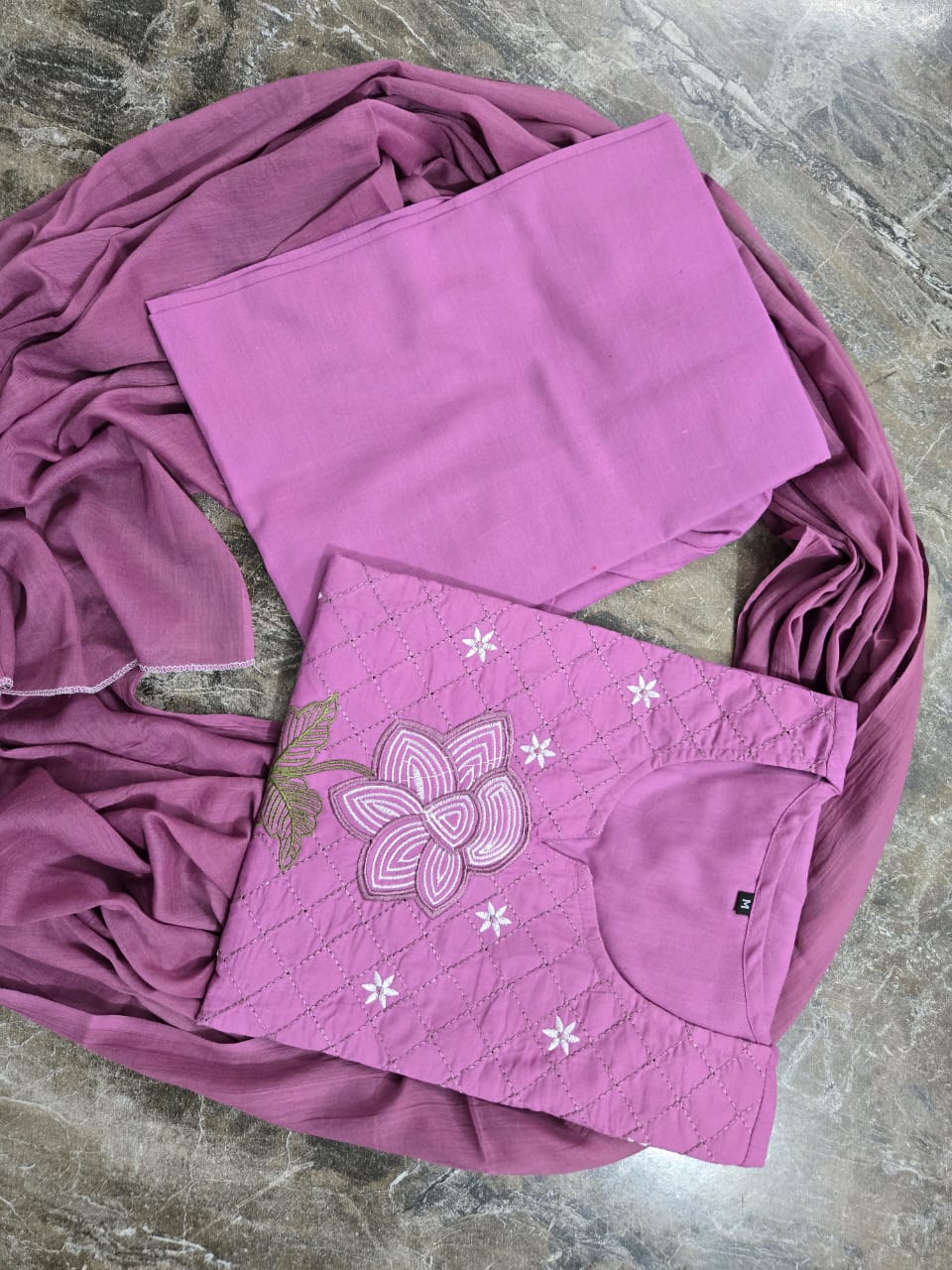 Mauve Pink Embroidered Kurti Set with Sequined Net Dupatta.