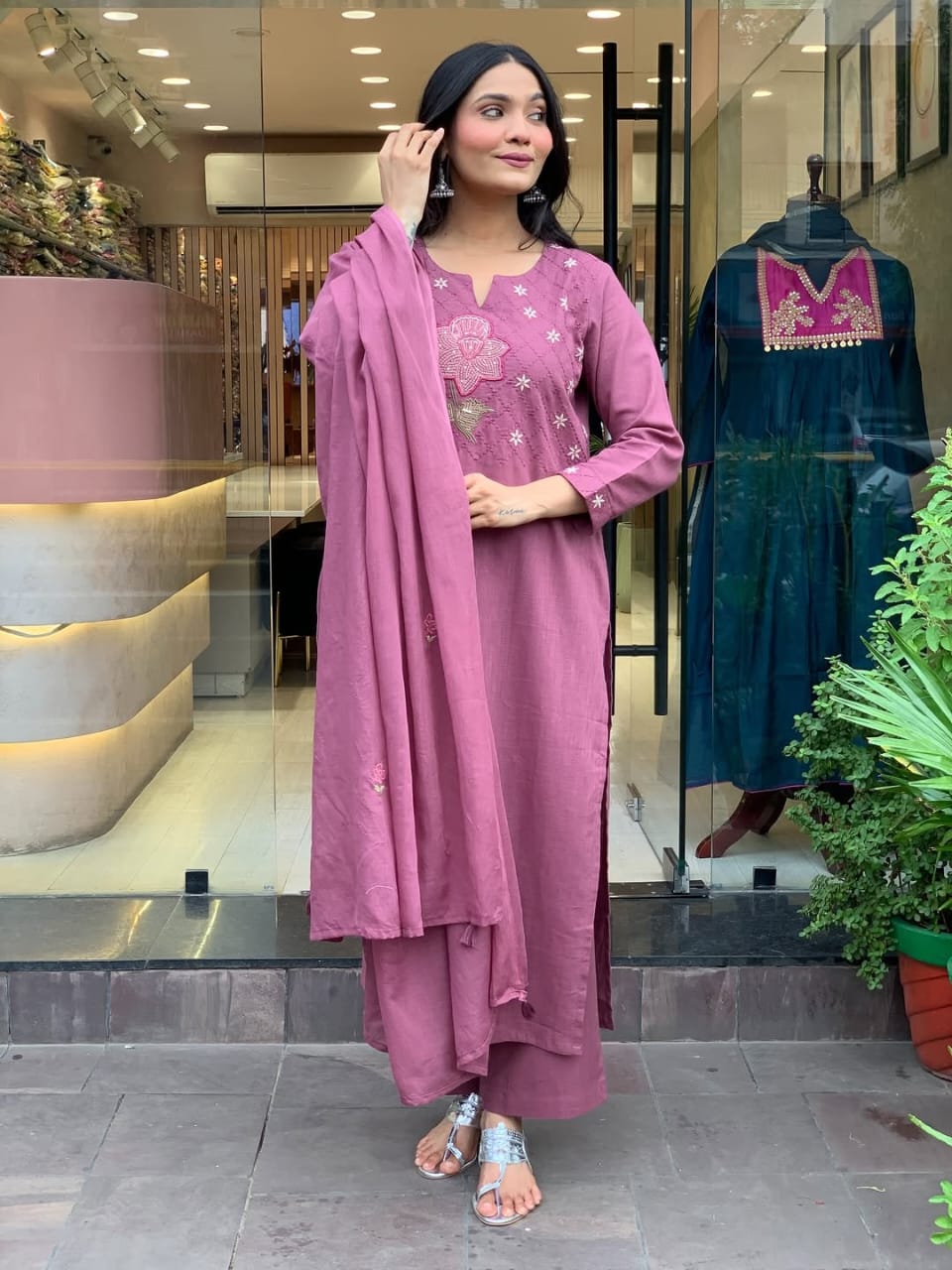Mauve Pink Embroidered Kurti Set with Sequined Net Dupatta.