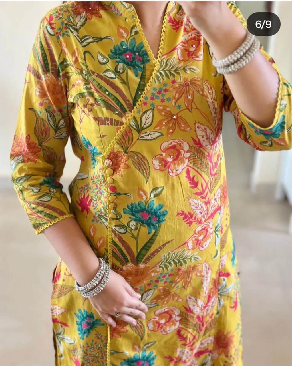 Floral-Print Cotton Kurti Set in Bright Pink, Pastel Green & Golden Yellow.