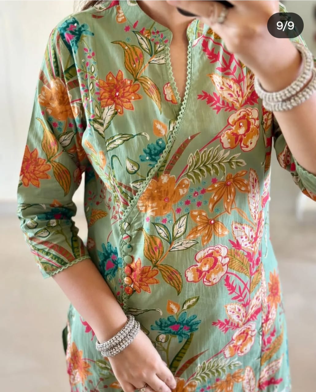 Floral-Print Cotton Kurti Set in Bright Pink, Pastel Green & Golden Yellow.