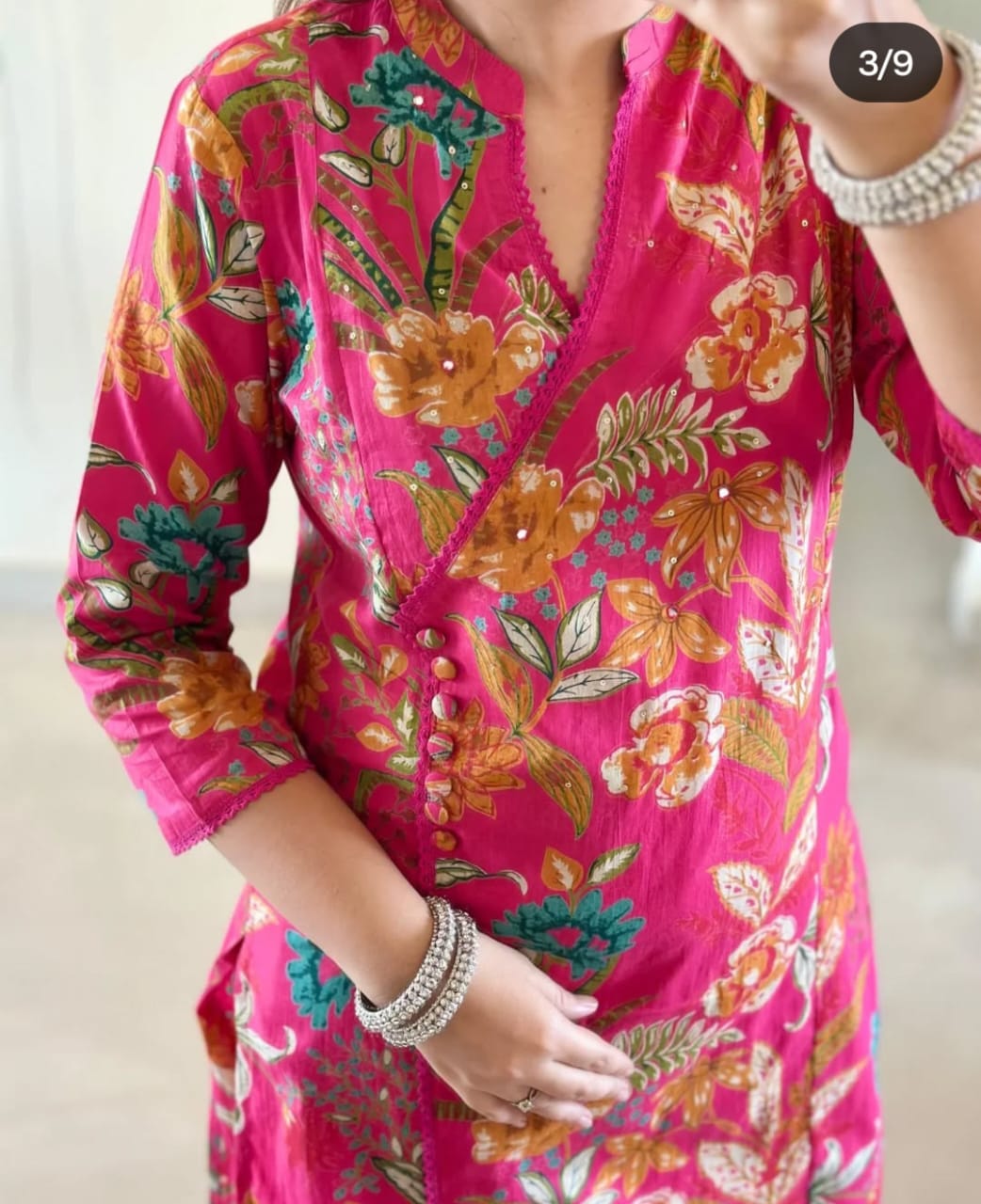 Floral-Print Cotton Kurti Set in Bright Pink, Pastel Green & Golden Yellow.