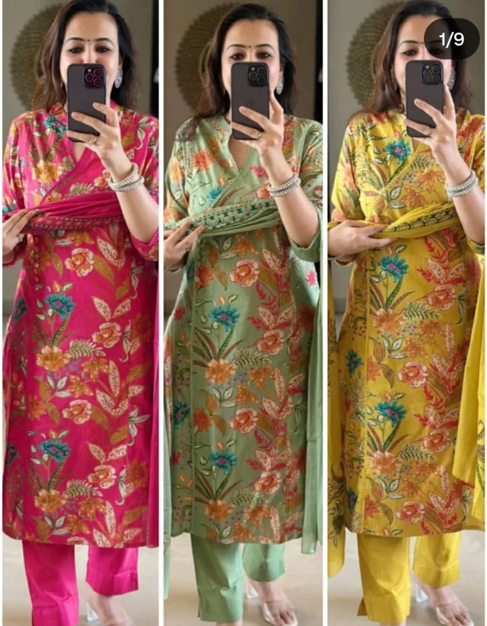 Floral-Print Cotton Kurti Set in Bright Pink, Pastel Green & Golden Yellow.