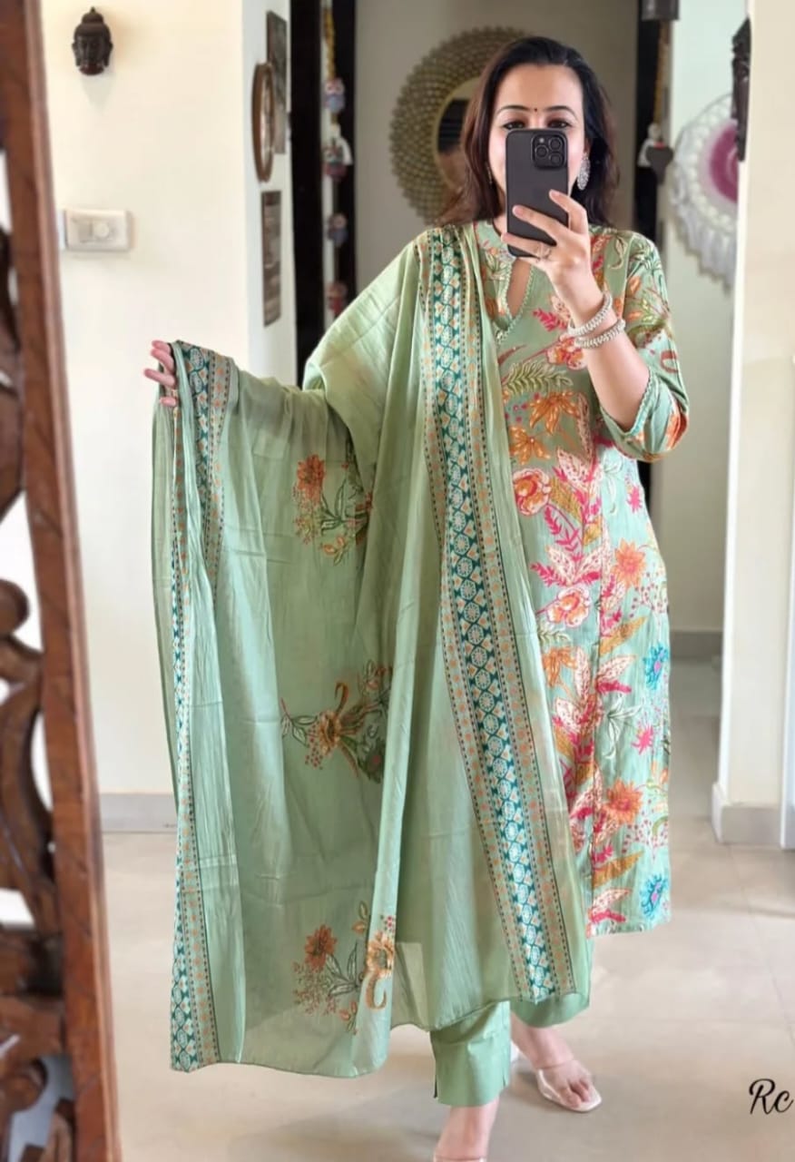 Floral-Print Cotton Kurti Set in Bright Pink, Pastel Green & Golden Yellow.
