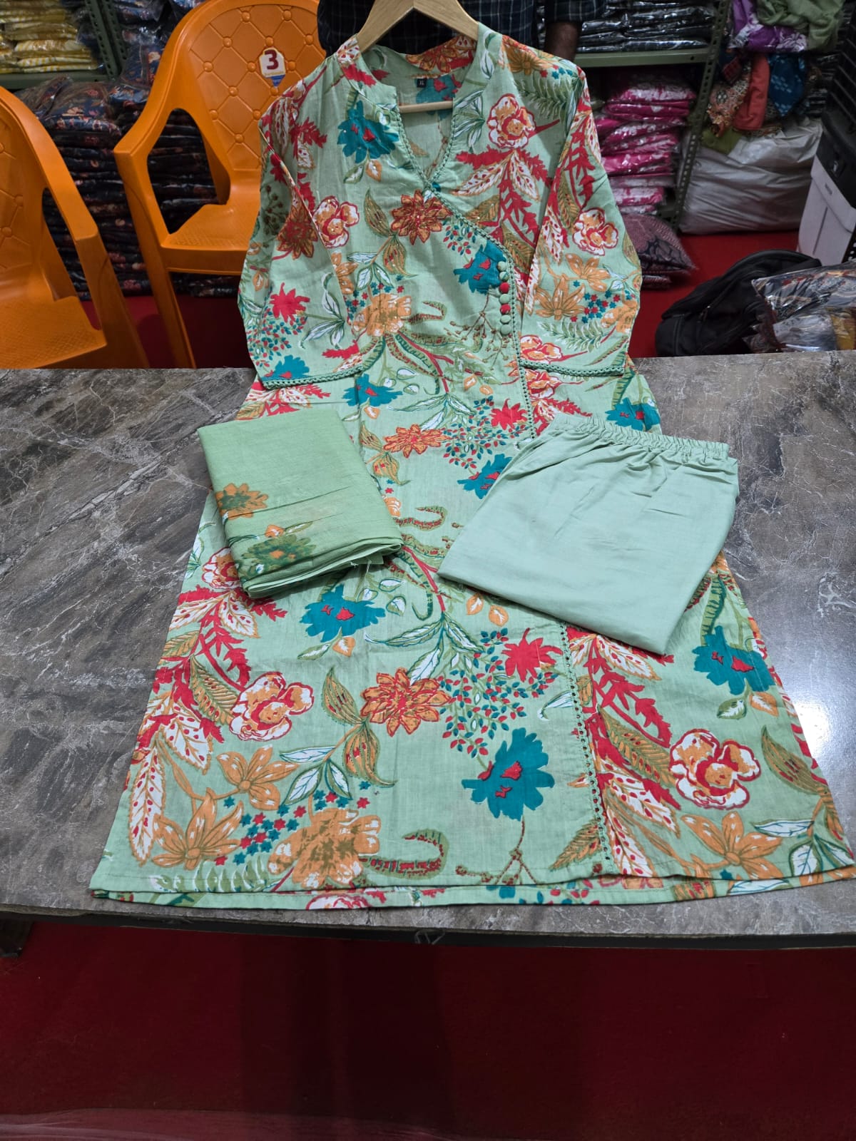 Floral-Print Cotton Kurti Set in Bright Pink, Pastel Green & Golden Yellow.
