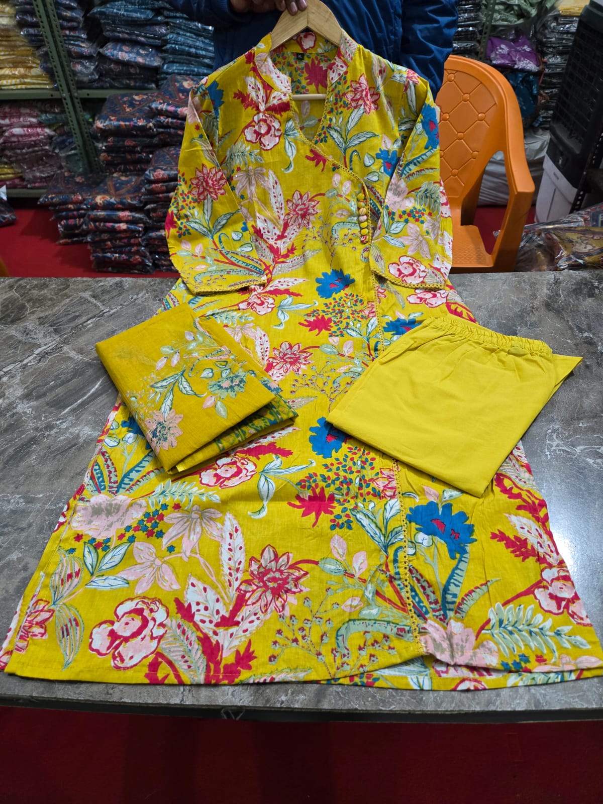 Floral-Print Cotton Kurti Set in Bright Pink, Pastel Green & Golden Yellow.