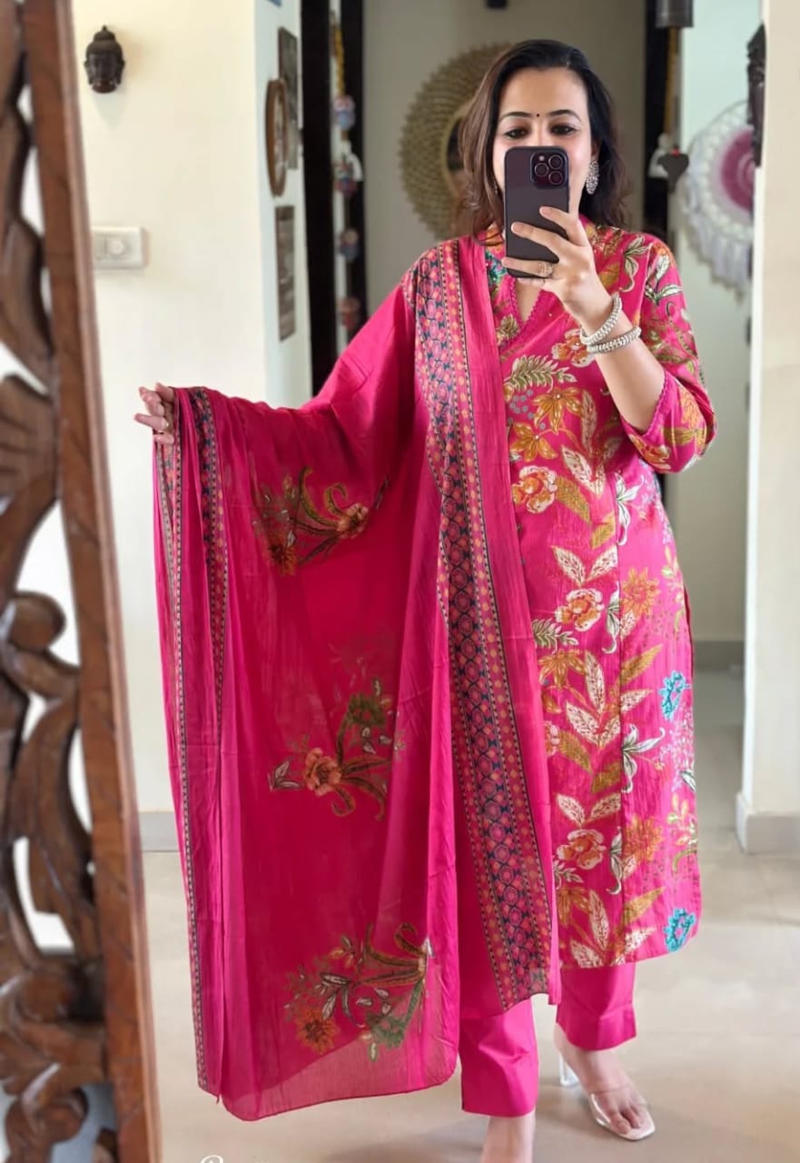 Floral-Print Cotton Kurti Set in Bright Pink, Pastel Green & Golden Yellow.