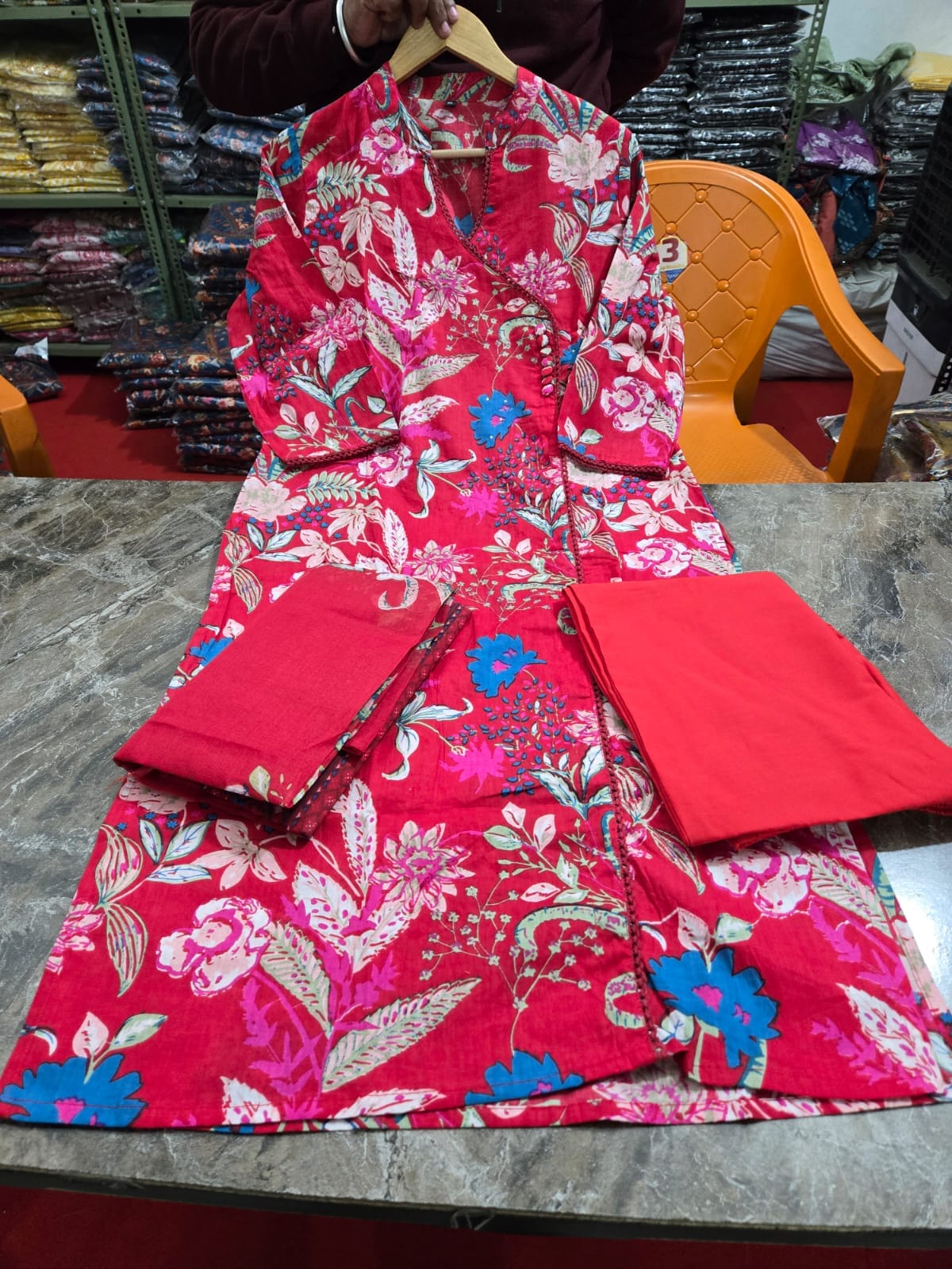 Floral-Print Cotton Kurti Set in Bright Pink, Pastel Green & Golden Yellow.