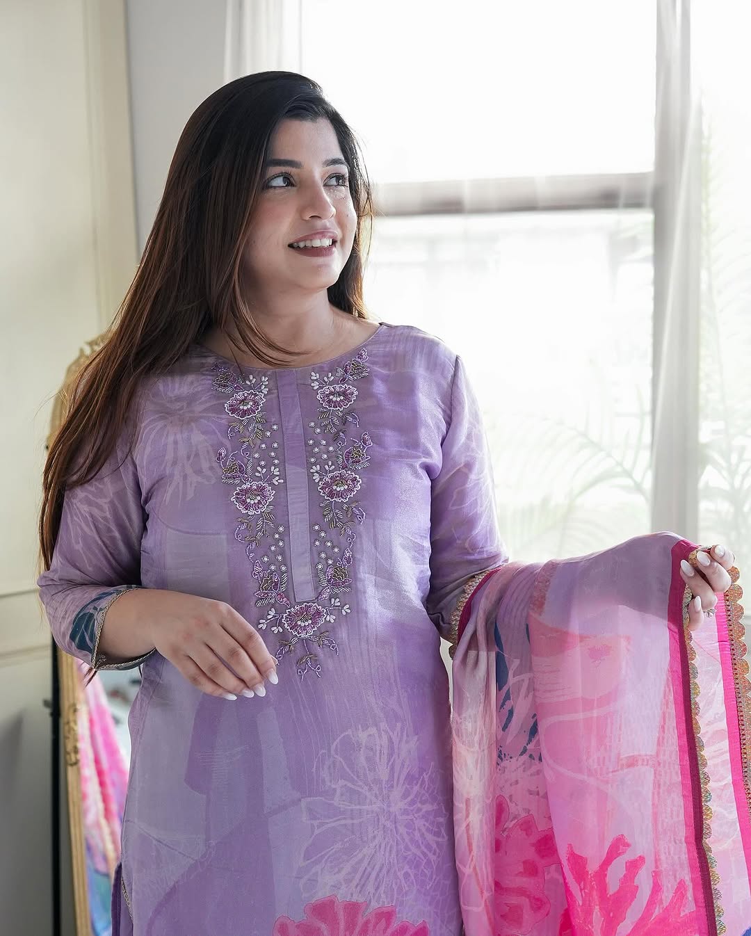 Pastel Lilac Chinnon Kurti Set with Floral Chiffon Dupatta.
