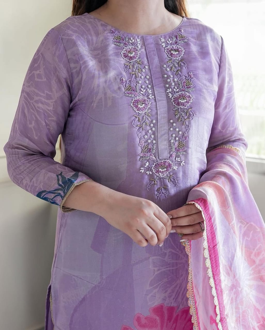 Pastel Lilac Chinnon Kurti Set with Floral Chiffon Dupatta.