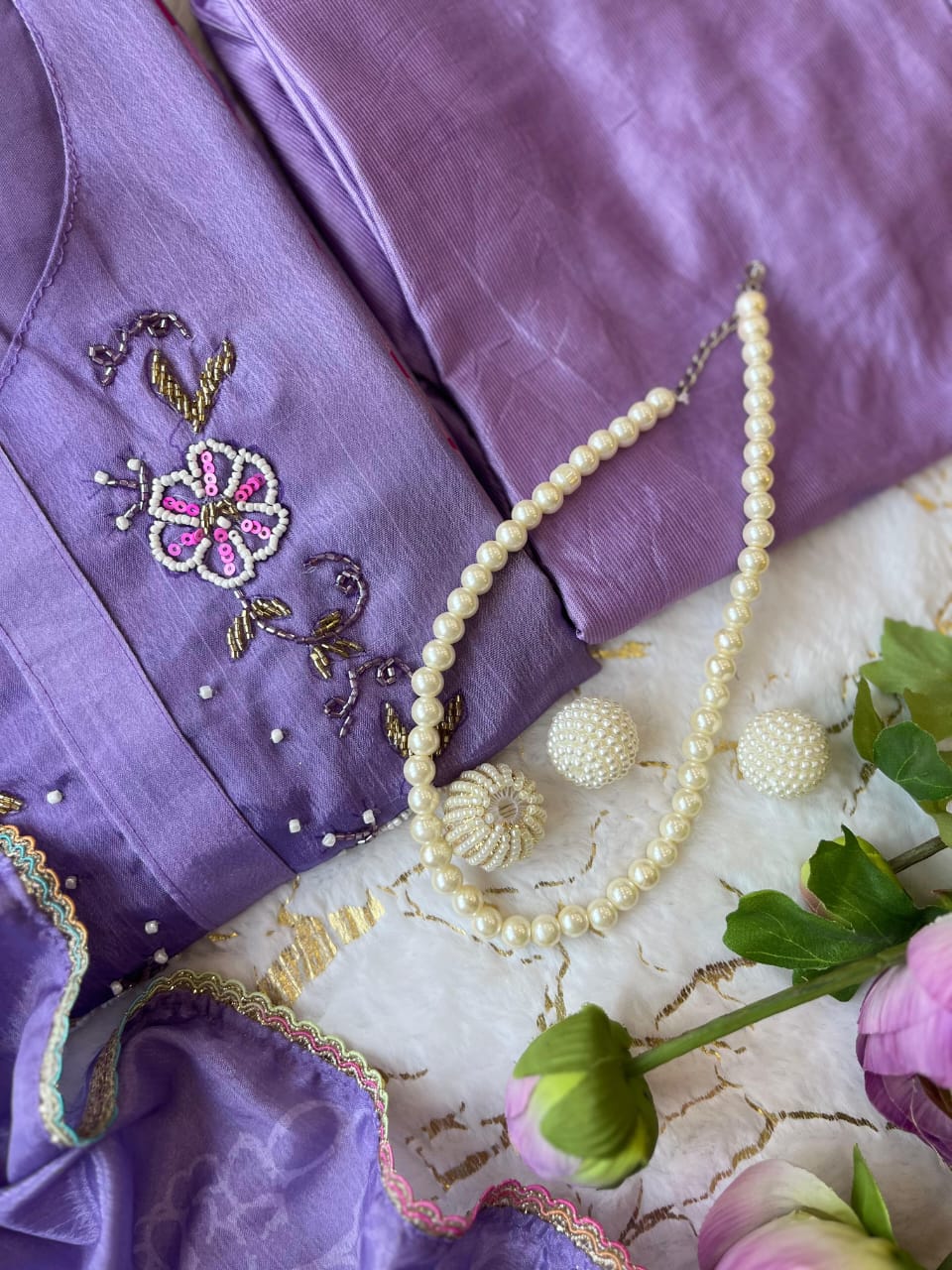 Pastel Lilac Chinnon Kurti Set with Floral Chiffon Dupatta.