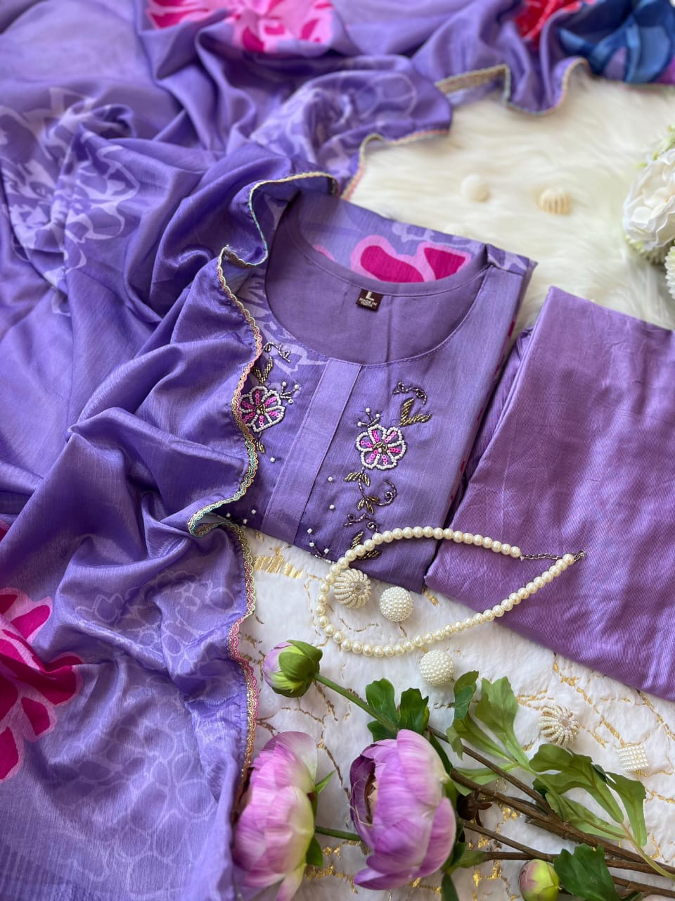 Pastel Lilac Chinnon Kurti Set with Floral Chiffon Dupatta.