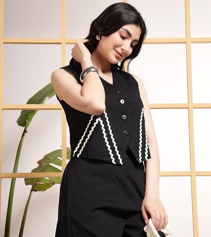 Modern Black Co-Ord Set with Zig-Zag Embroidery.