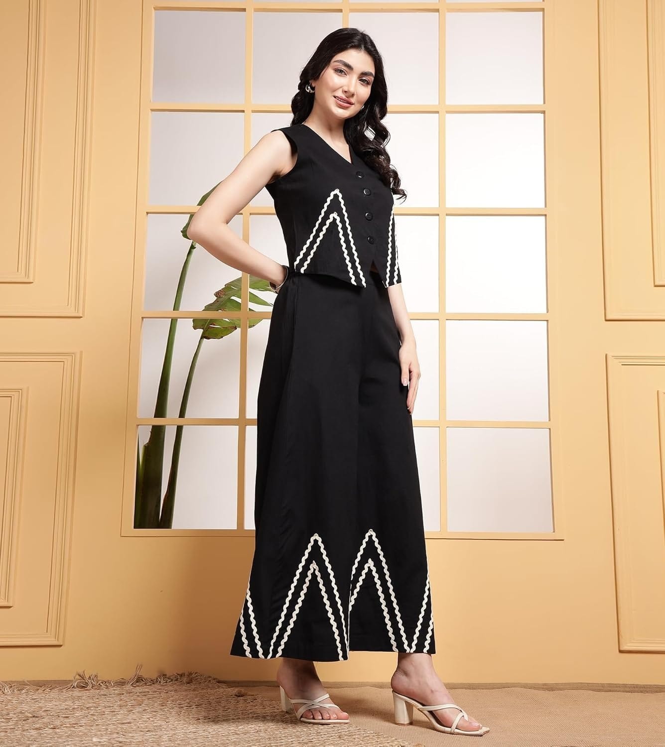 Modern Black Co-Ord Set with Zig-Zag Embroidery.