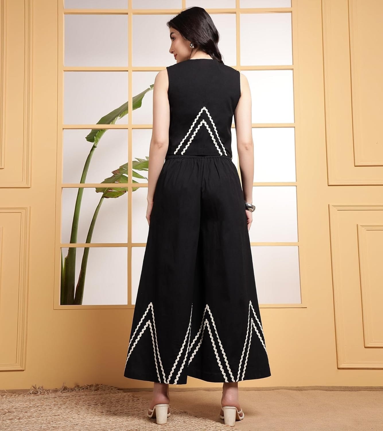 Modern Black Co-Ord Set with Zig-Zag Embroidery.