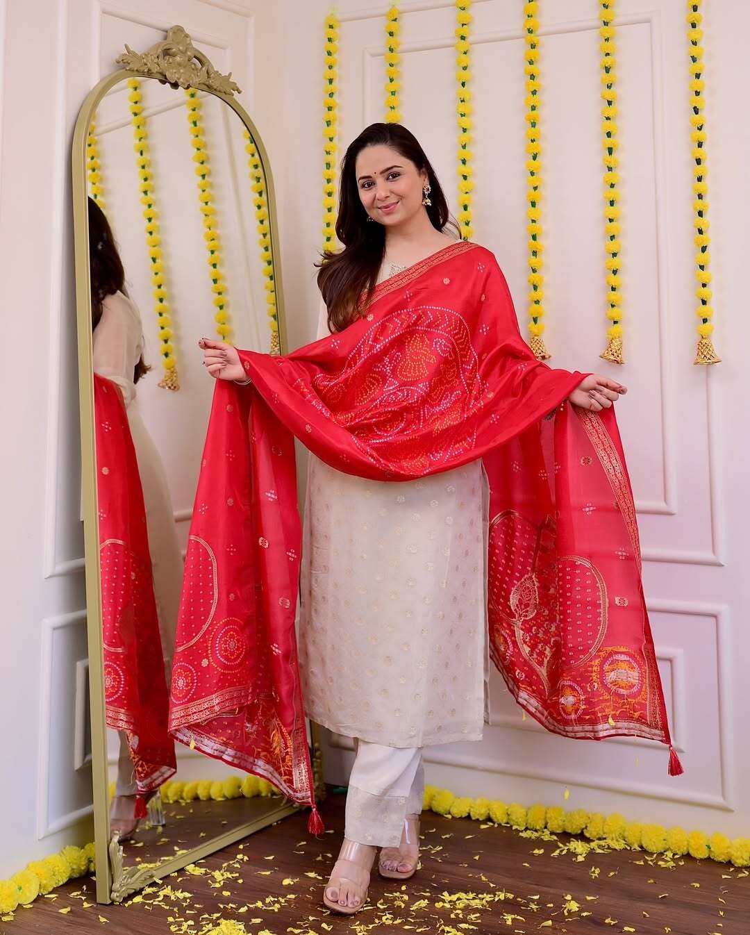 Ivory Silk Kurti Set with Embroidery & Crimson Jequard Dupatta.