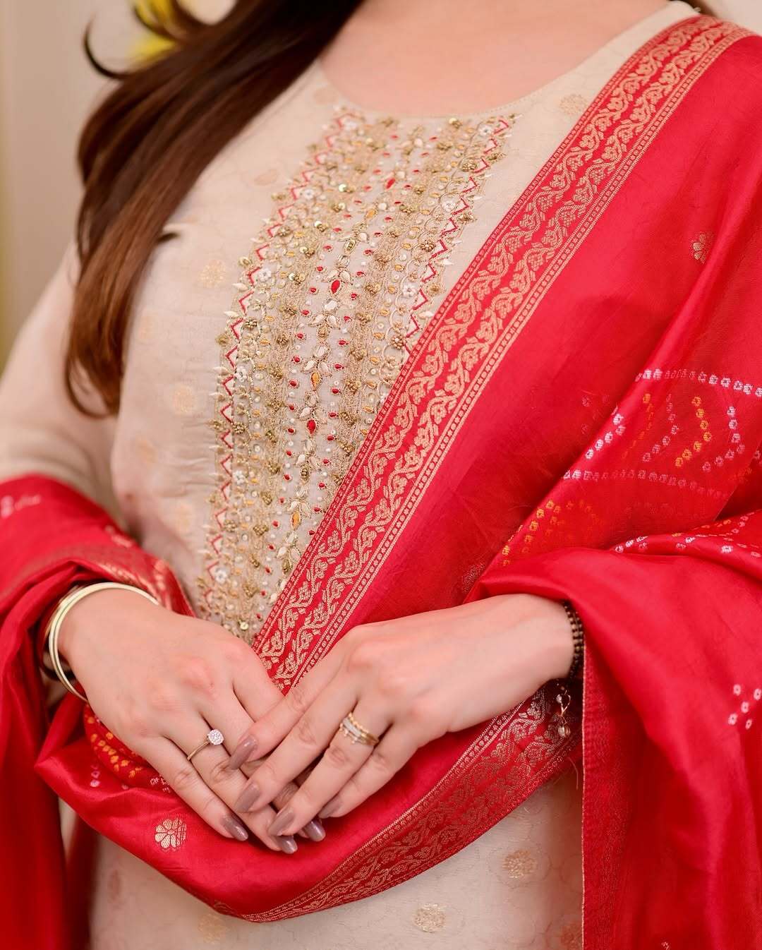 Ivory Silk Kurti Set with Embroidery & Crimson Jequard Dupatta.