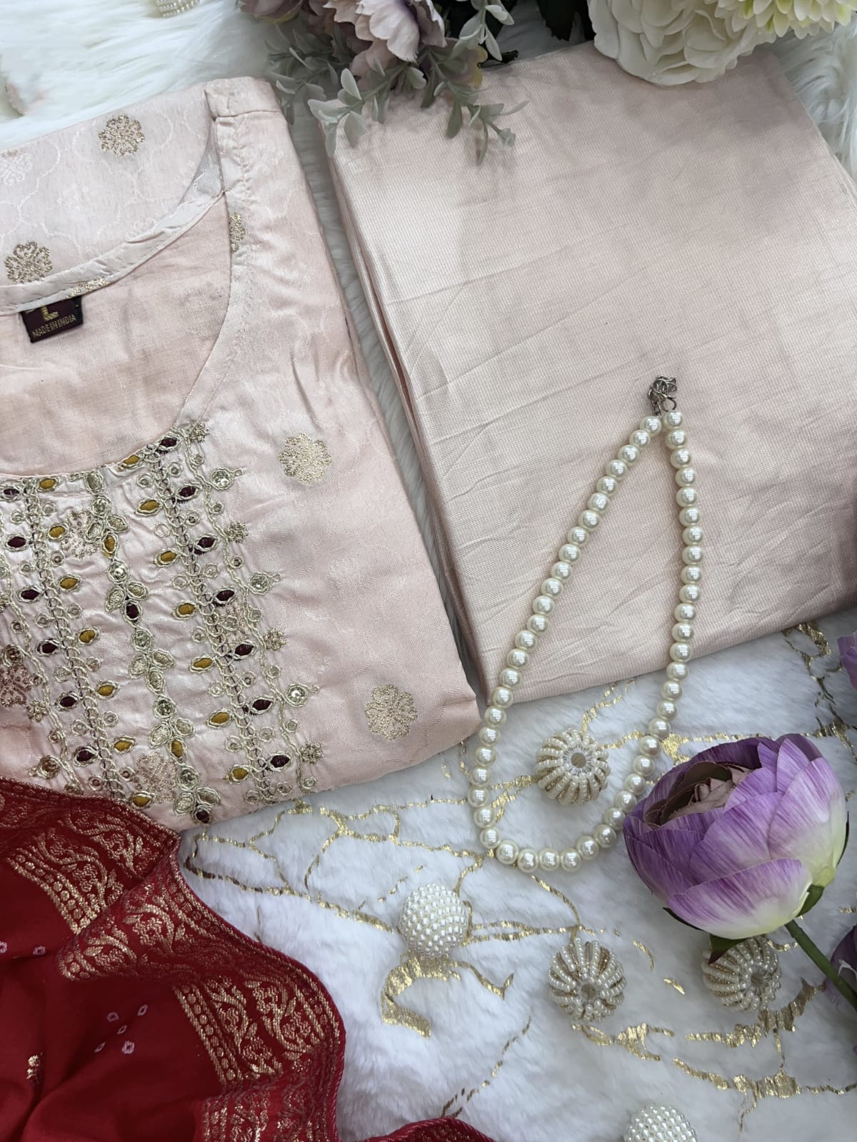 Ivory Silk Kurti Set with Embroidery & Crimson Jequard Dupatta.