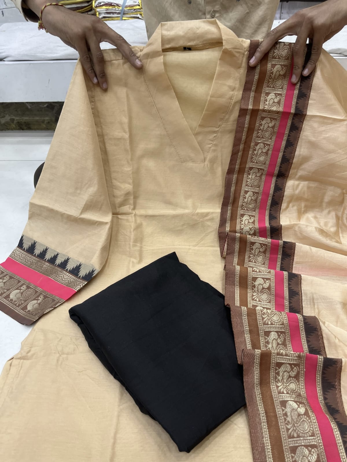 Ivory Silk Kurti Set with Crimson Jequard Dupatta.