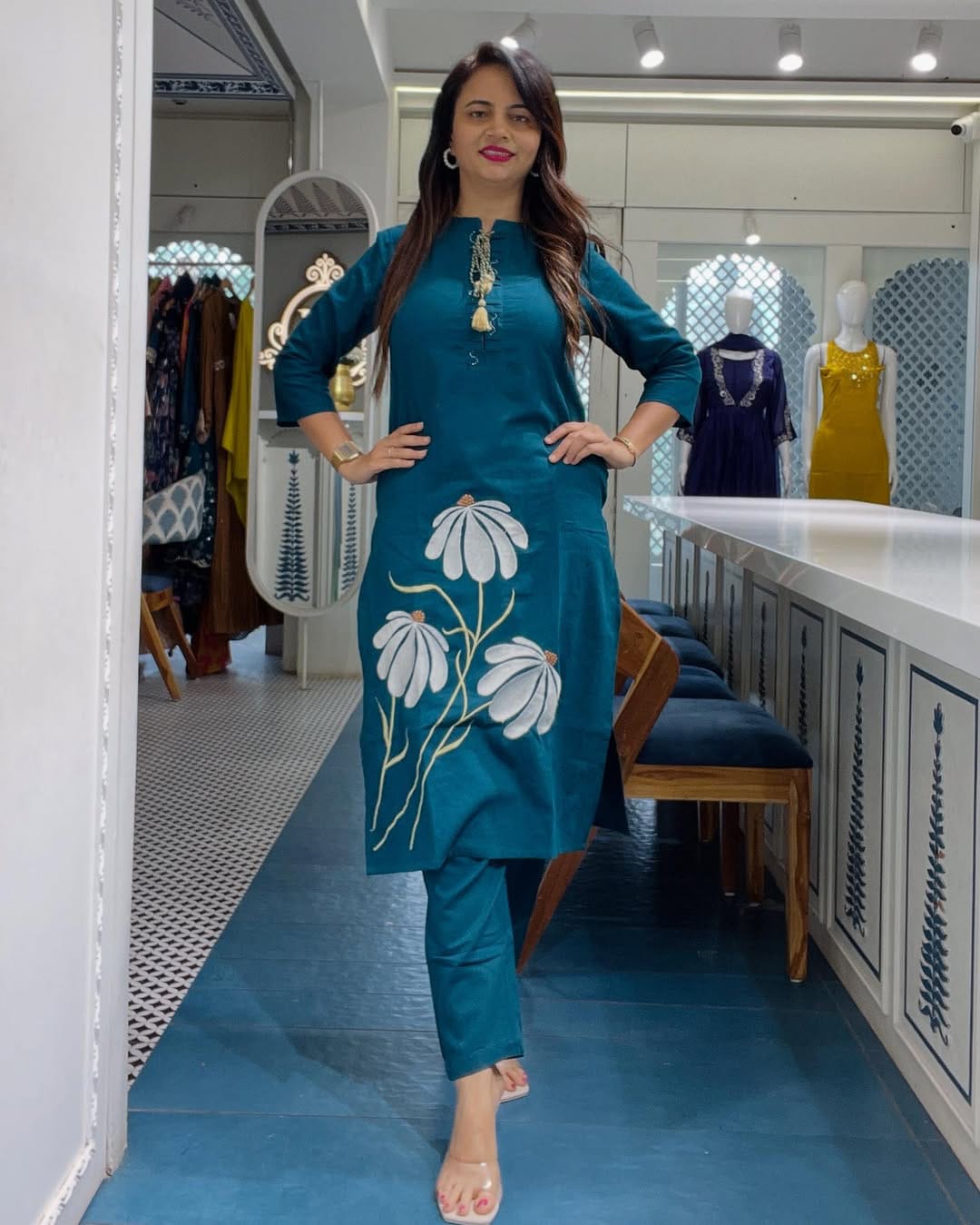 Teal Blue Embroidered Cotton Co-Ord Set.