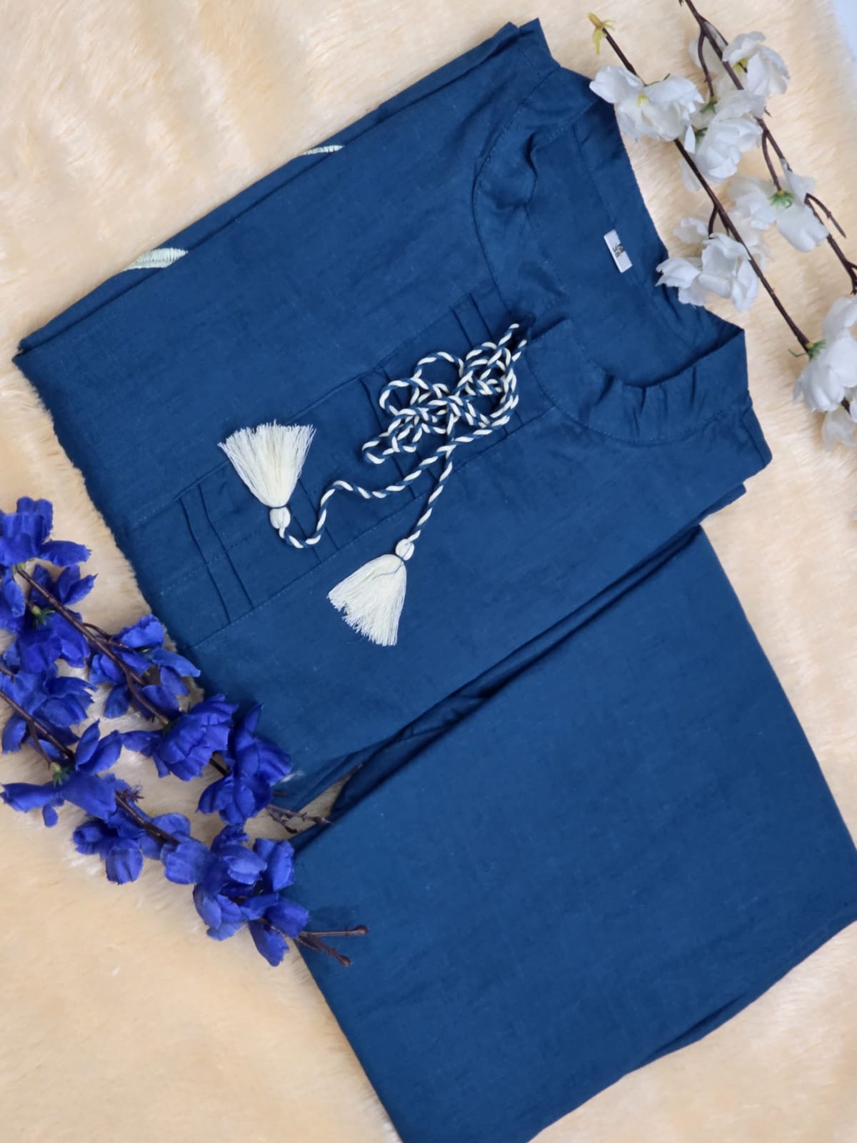 Teal Blue Embroidered Cotton Co-Ord Set.