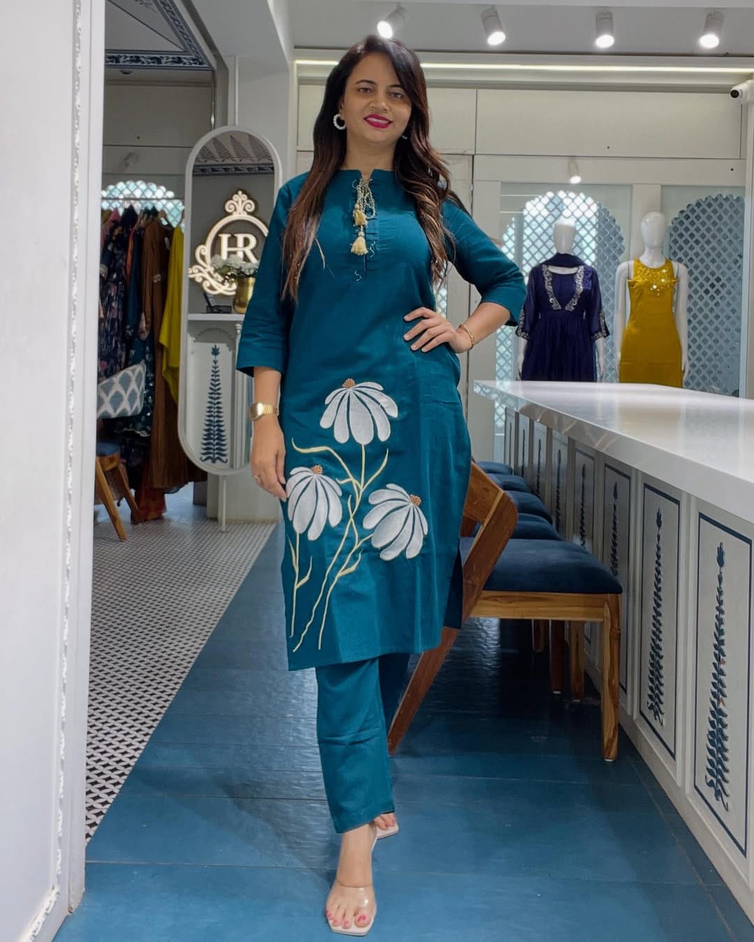 Teal Blue Embroidered Cotton Co-Ord Set.