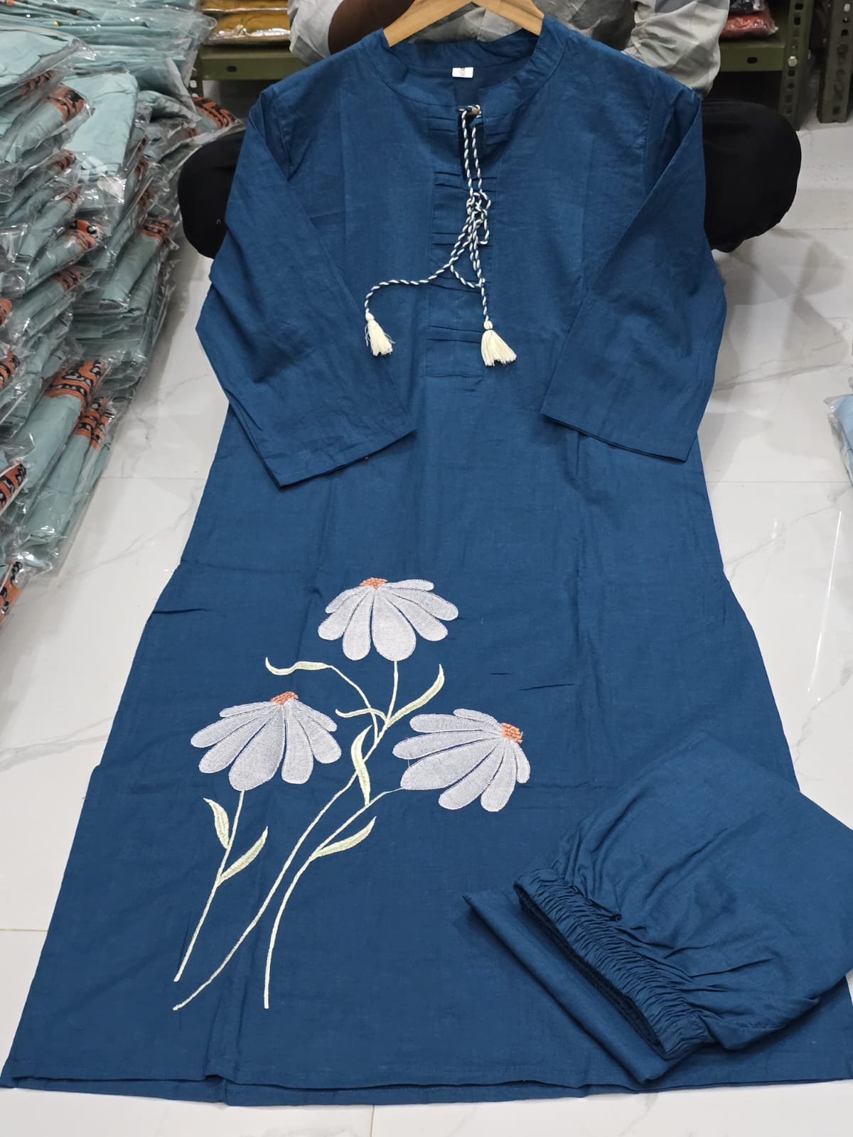Teal Blue Embroidered Cotton Co-Ord Set.