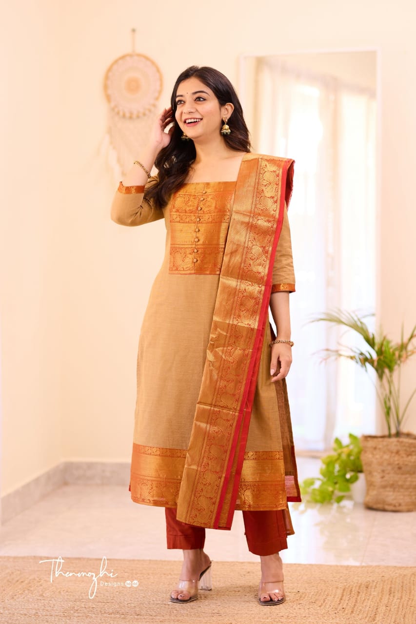 Kanchi Cotton Co-Ord Set in Royal Purple & Golden Beige Variants.