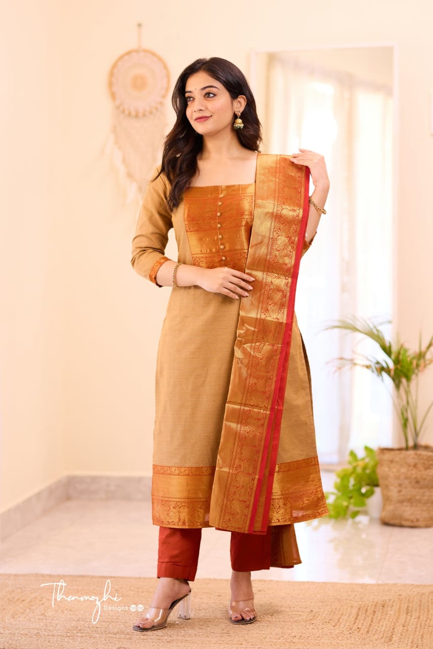 Kanchi Cotton Co-Ord Set in Royal Purple & Golden Beige Variants.