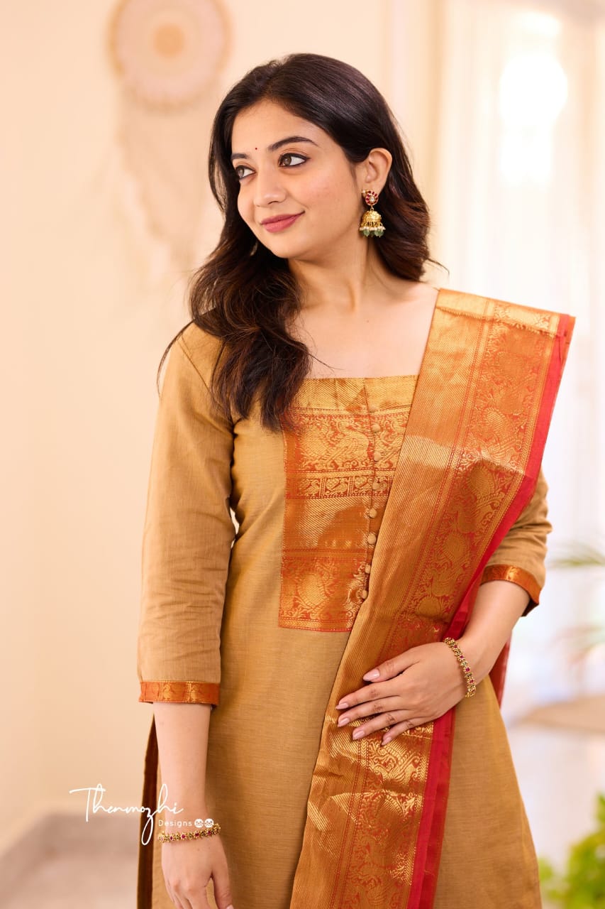 Kanchi Cotton Co-Ord Set in Royal Purple & Golden Beige Variants.