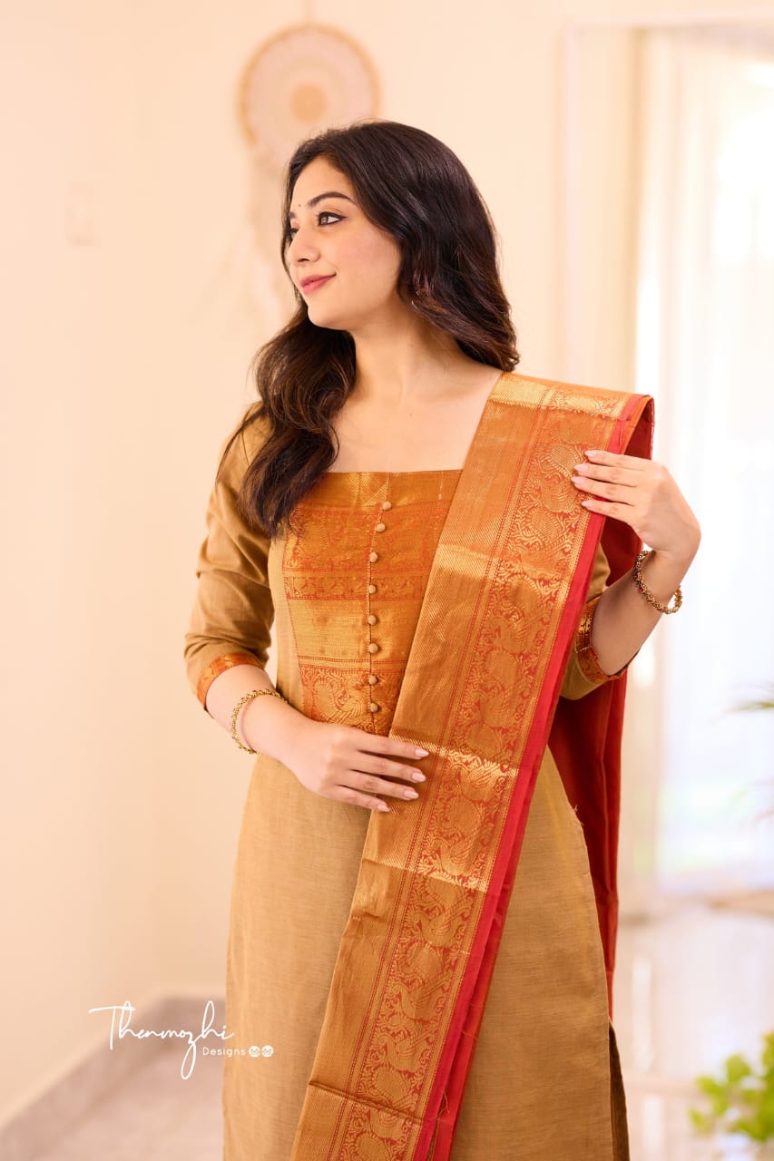 Kanchi Cotton Co-Ord Set in Royal Purple & Golden Beige Variants.