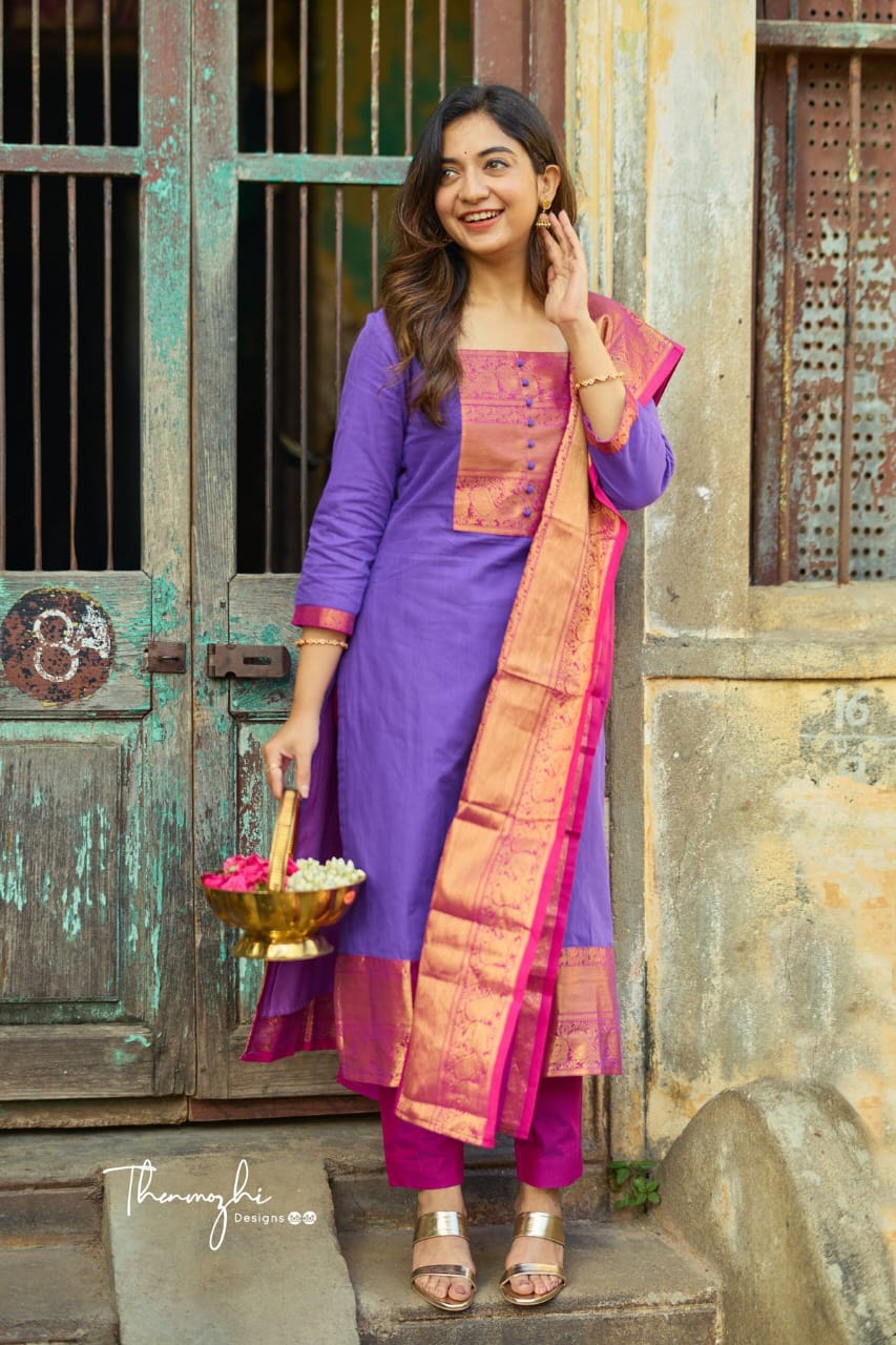 Kanchi Cotton Co-Ord Set in Royal Purple & Golden Beige Variants.