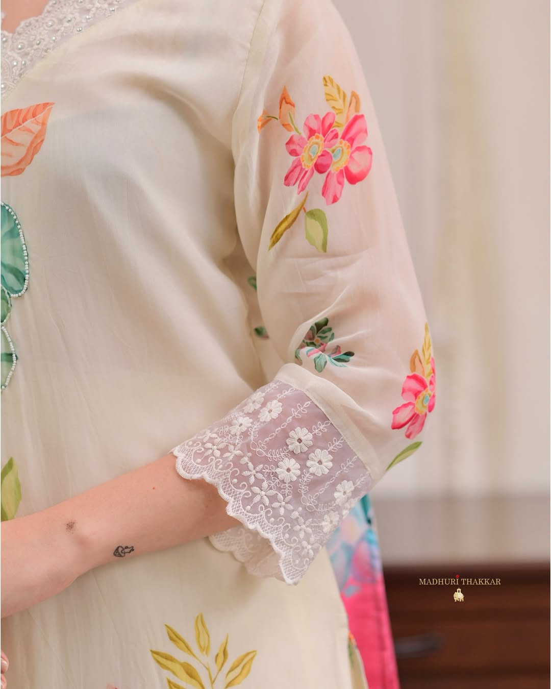 Cream-White Floral Cotton Kurti Set with Ombre Organza Dupatta