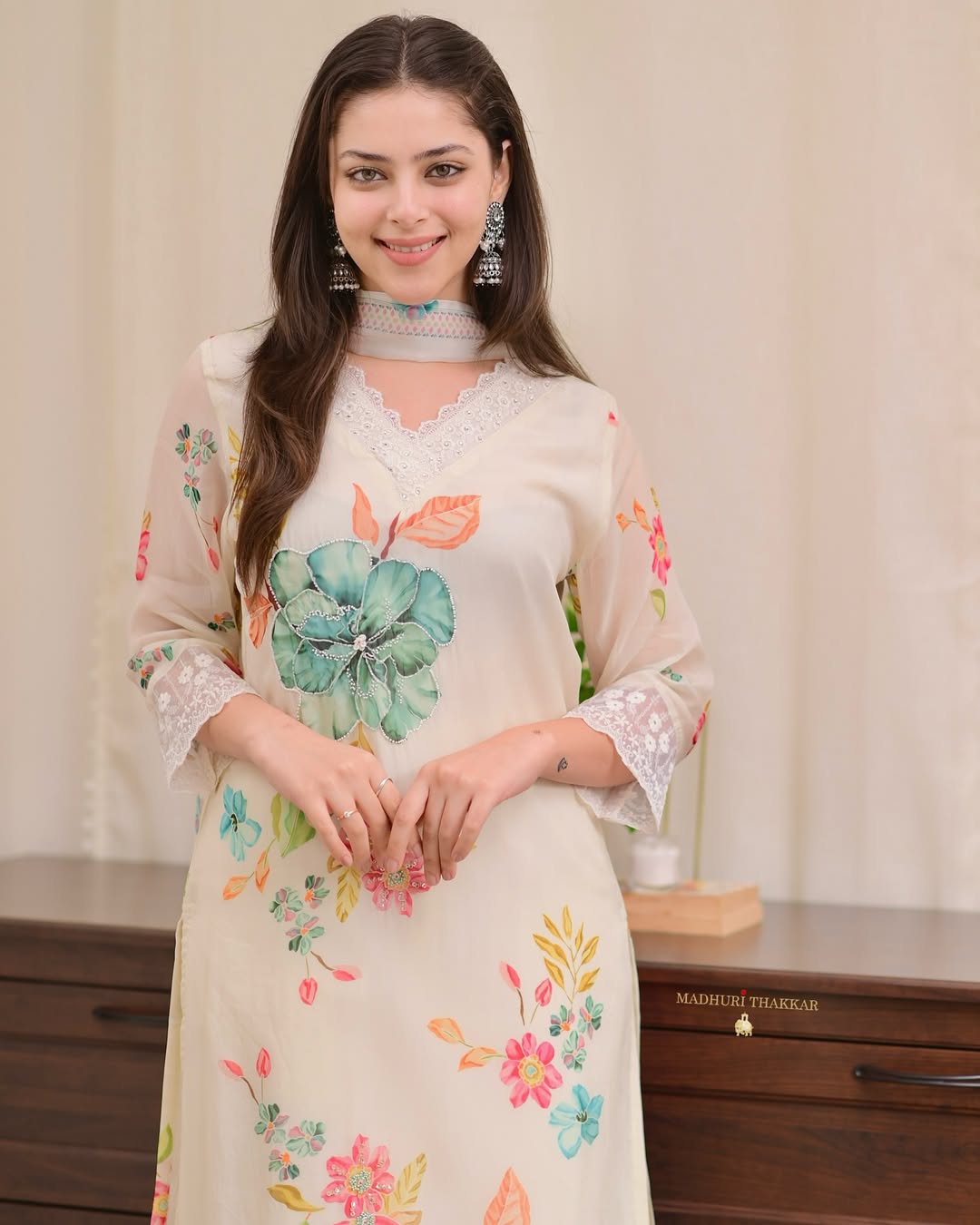 Cream-White Floral Cotton Kurti Set with Ombre Organza Dupatta
