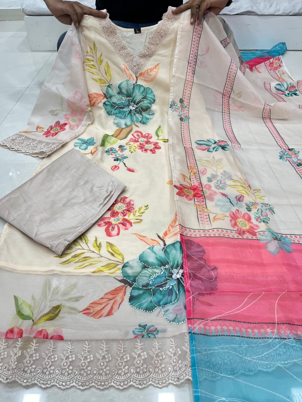 Cream-White Floral Cotton Kurti Set with Ombre Organza Dupatta