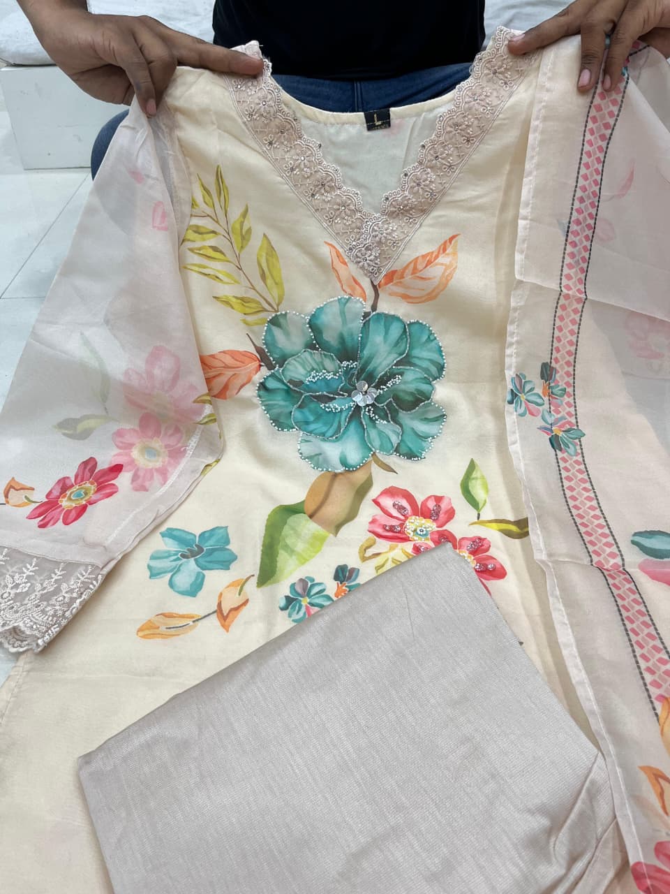 Cream-White Floral Cotton Kurti Set with Ombre Organza Dupatta