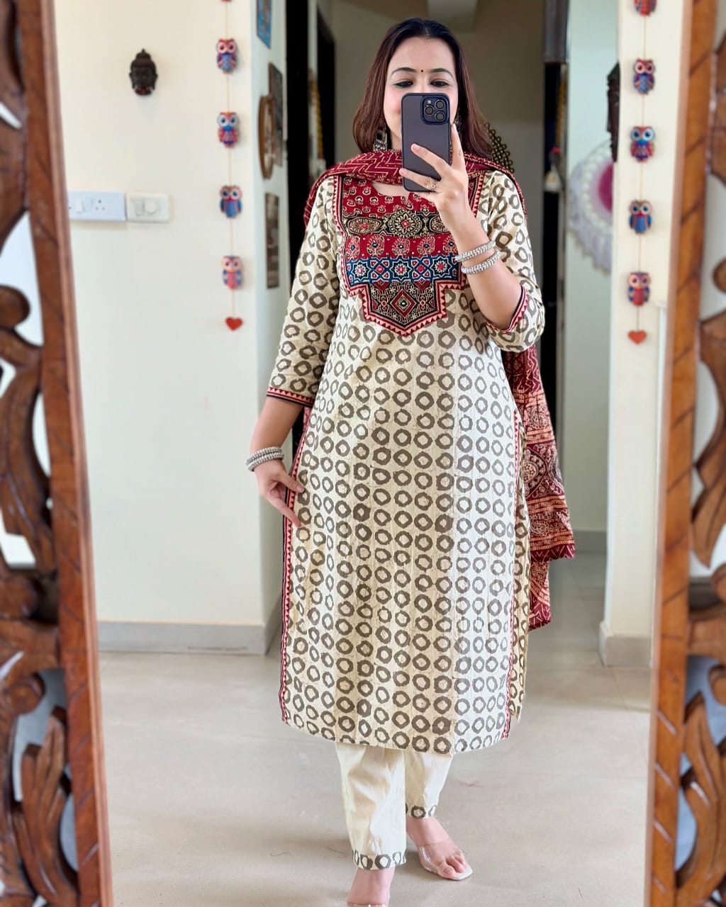 Cream Beige Embroidered Kurti Set with Dupatta