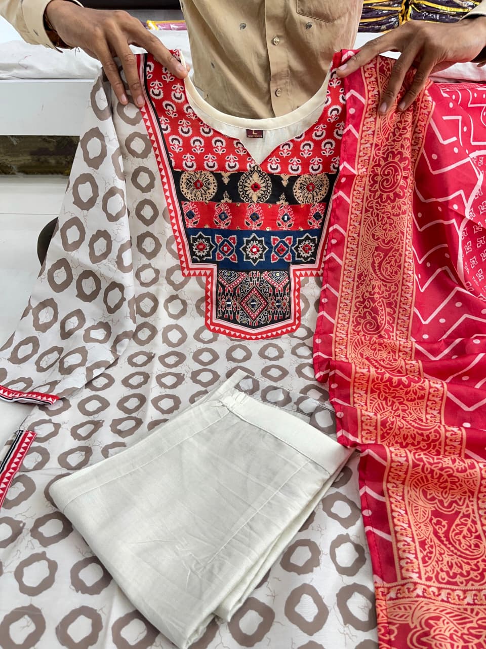 Cream Beige Embroidered Kurti Set with Dupatta